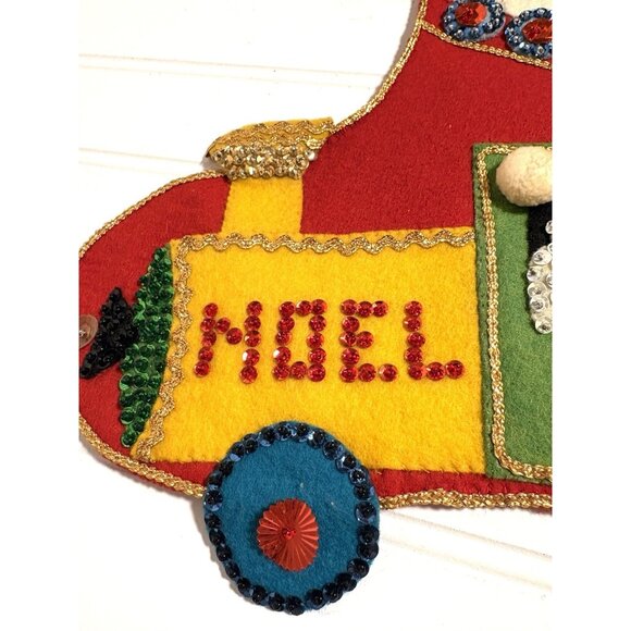 FINISHED Bucilla Felt Applique Sequins Christmas Stocking Santa Train Kitschy - Picture 5 of 8